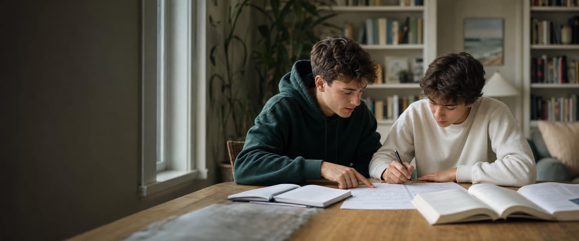 A college student tutoring a high school student at a study table